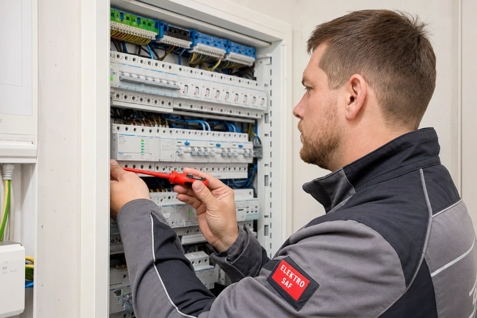 Elektroinstallateur Wien arbeitet am Sicherungskasten